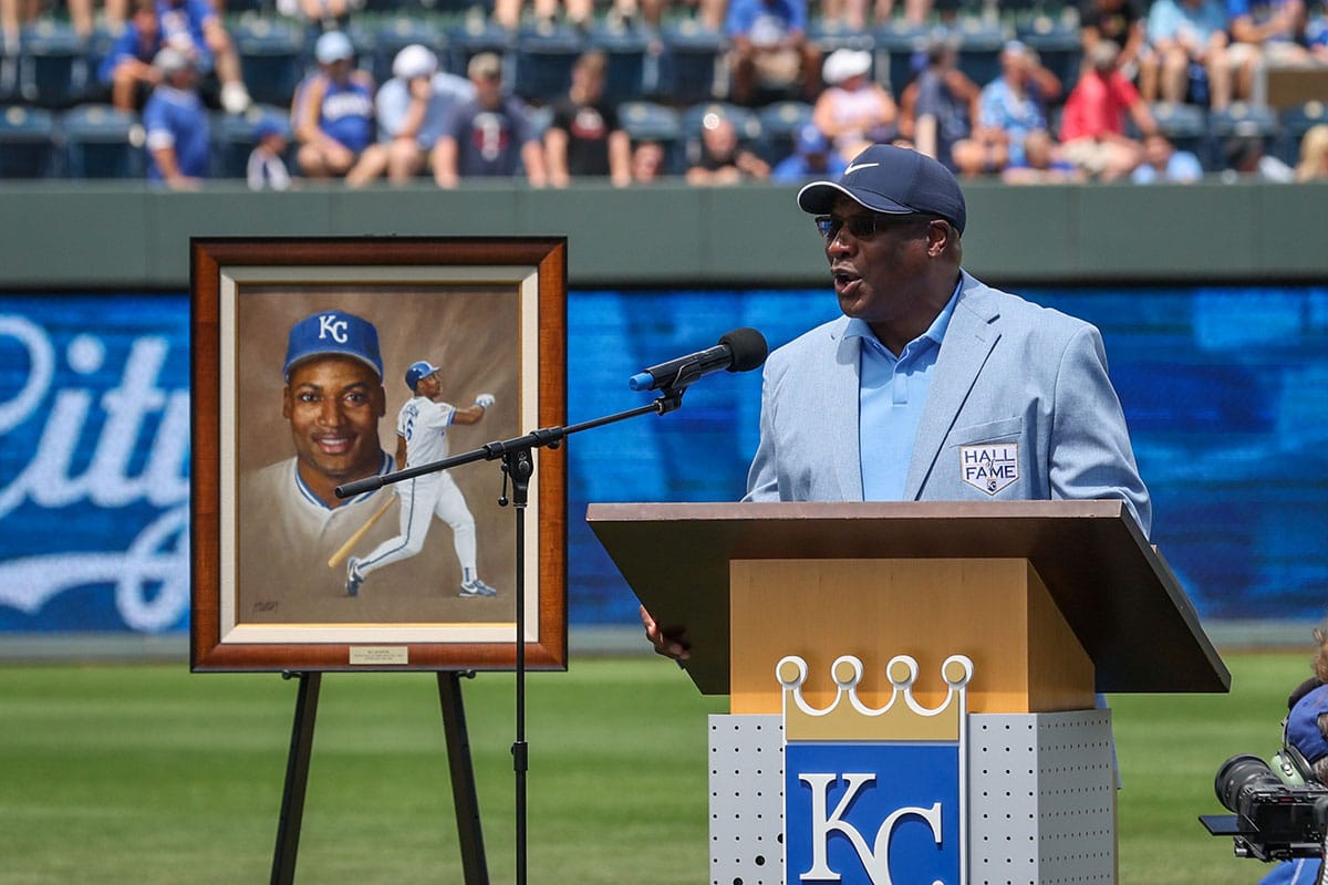 Bo Jackson speaks during his Royals Hall of Fame induction ceremony prior to the game between the Kansas City Royals and the Cleveland Guardians at Kauffman Stadium.