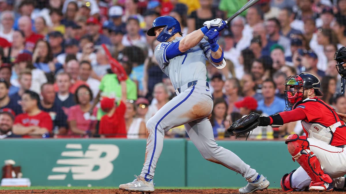 Kansas City Royals shortstop Bobby Witt Jr (7) hits a solo home run during the fourth inning against the Boston Red Sox at Fenway Park.