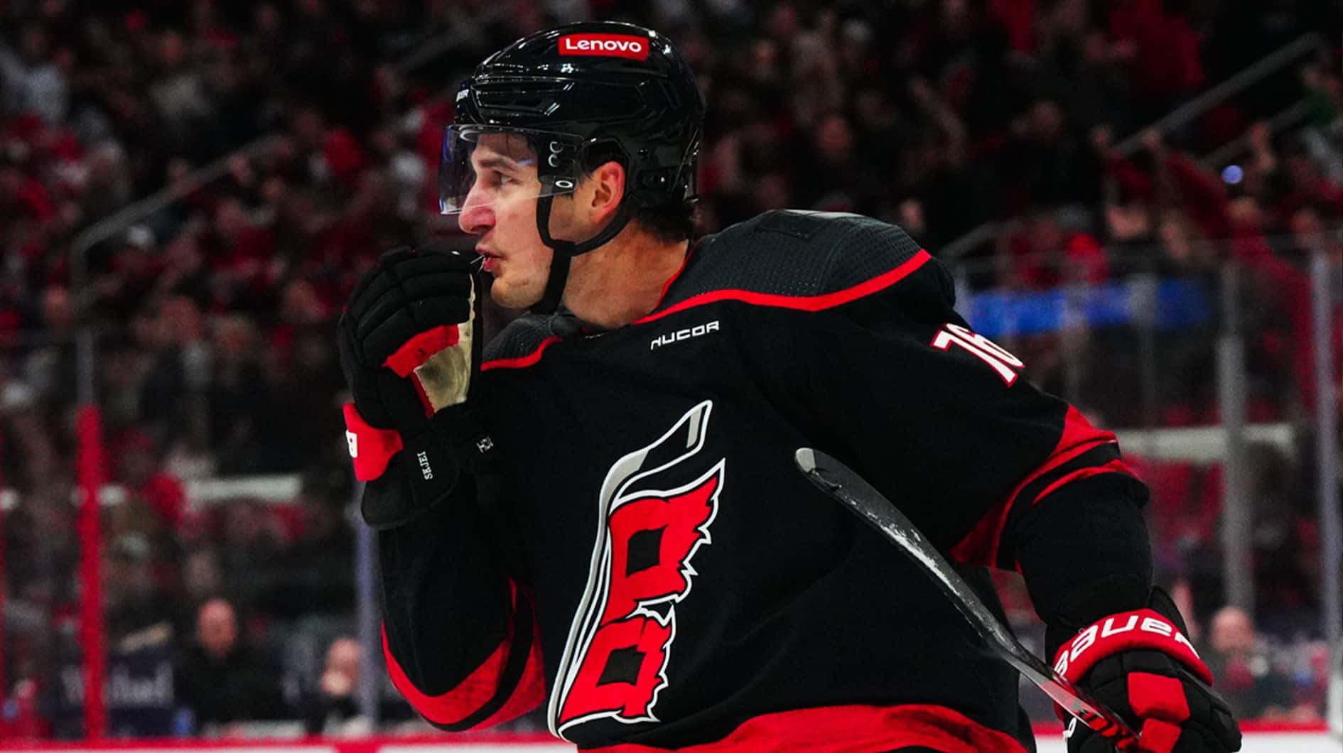 Carolina Hurricanes defenseman Brady Skjei (76) celebrates his goal against the Montreal Canadiens during the first period at PNC Arena.