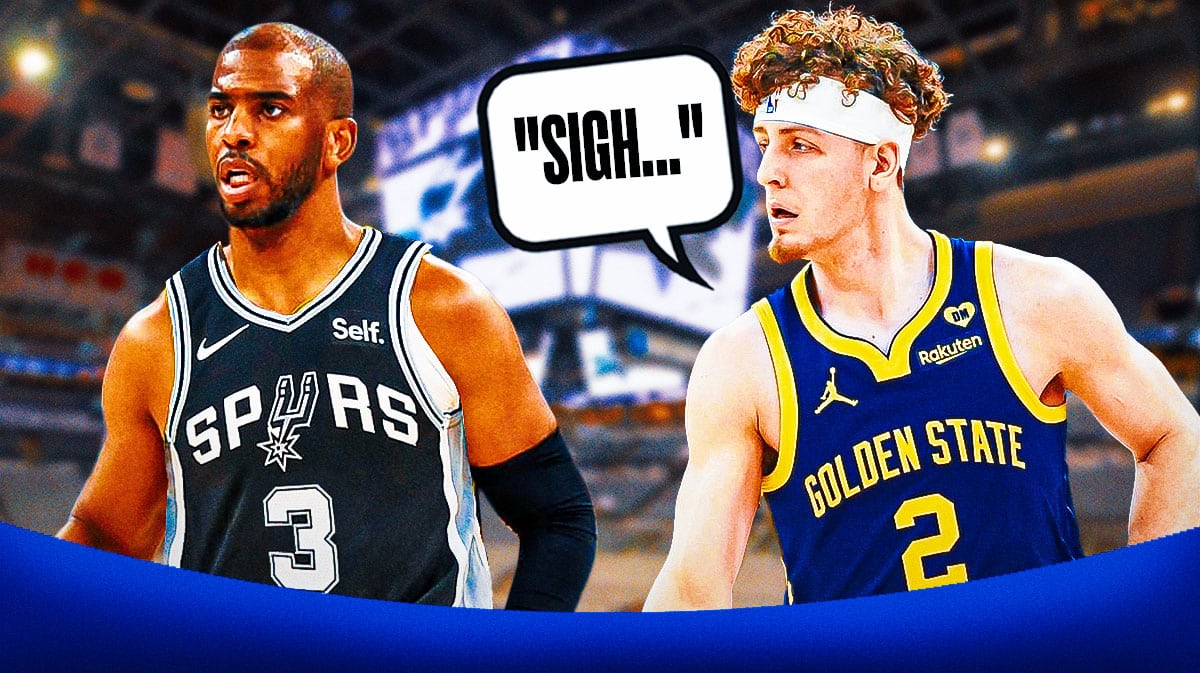 Brandin Podziemski frowns and says "sigh..." next to Chris Paul, who's wearing a Spurs jersey