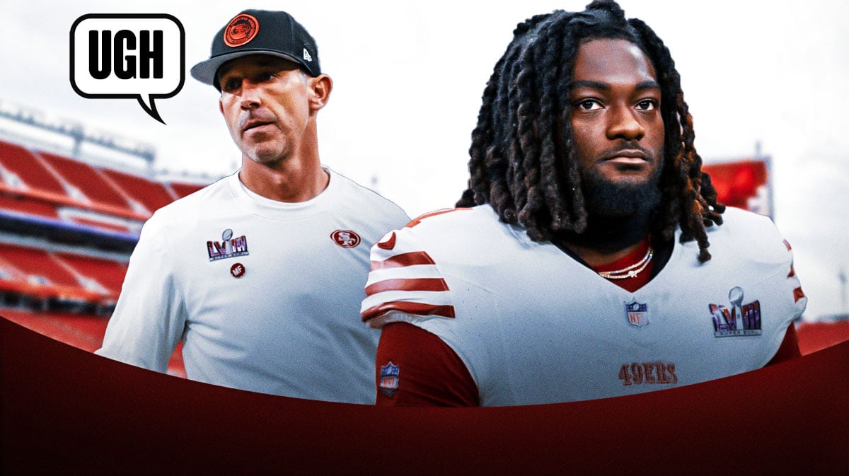 Brandon Aiyuk on one side, Kyle Shanahan on the other side with a speech bubble that says "Ugh"