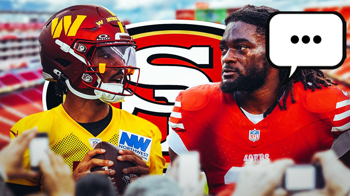 San Francisco 49ers WR Brandon Aiyuk with Washington Commanders QB Jayden Daniels. Aiyuk has a speech bubble with the three dots emoji inside. There is also a logo for the San Francisco 49ers.