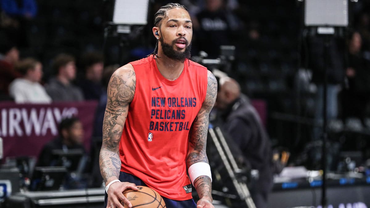 New Orleans Pelicans forward Brandon Ingram (14) warms up prior to the game against the Brooklyn Nets at Barclays Center.