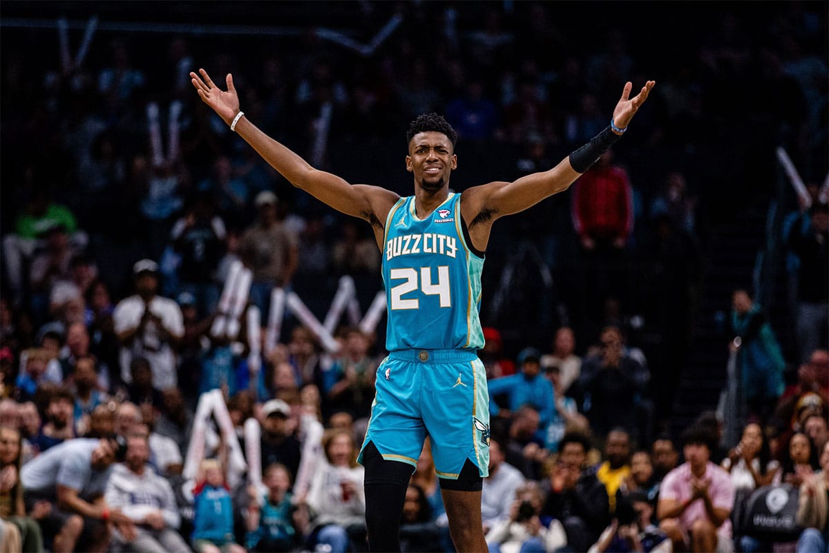 Charlotte Hornets forward Brandon Miller (24) reacts to a call during the fourth quarter against the Oklahoma City Thunder at Spectrum Center.