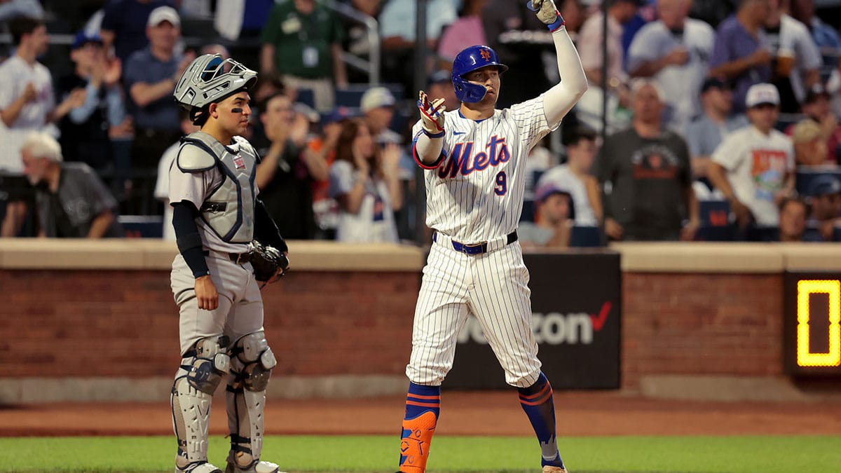 New York Mets left fielder Brandon Nimmo (9) reacts after hitting a two run home run against the New York Yankees during the fourth inning at Citi Field.