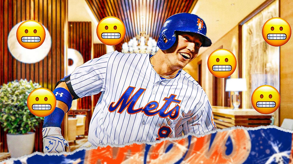 New York Mets player Brandon Nimmo with a hotel in the background. A few 😬 emojis
