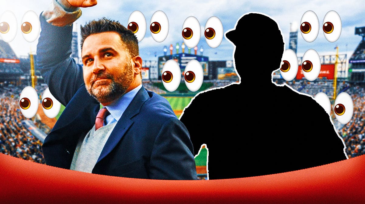 Alex Anthopoulos on one side, a silhouette of a baseball outfielder on one side, a bunch of the big eyes emojis in the background. Braves trade rumors