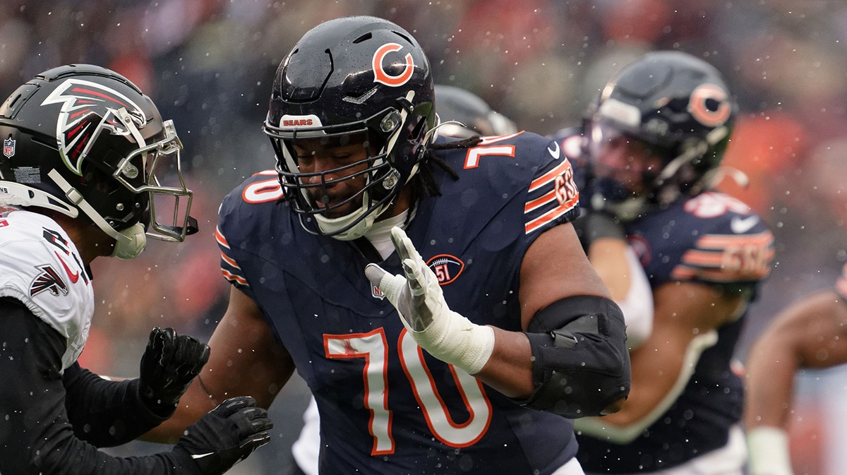 Chicago Bears offensive lineman Braxton Jones (70) blocks against the Atlanta Falcons at Soldier Field.