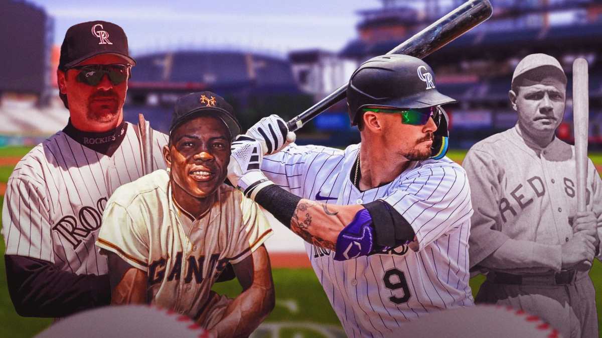 Brenton Doyle hitting and wearing a Colorado Rockies uniform with Larry Walker, Babe Ruth and Willie Mays in the background.