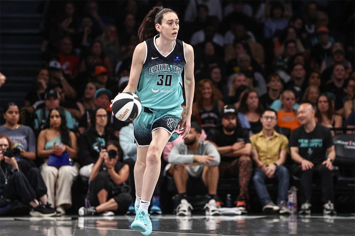 New York Liberty forward Breanna Stewart (30) brings the ball up court in the third quarter against the Indiana Fever at Barclays Center.