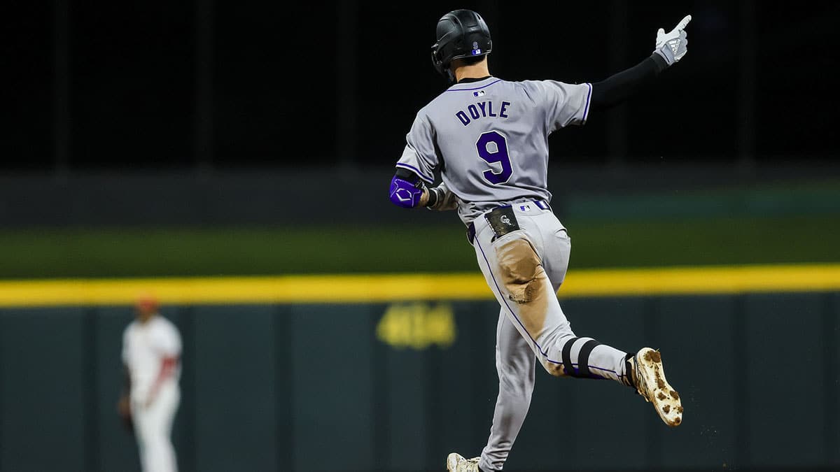 Jul 9, 2024; Cincinnati, Ohio, USA; Colorado Rockies outfielder Brenton Doyle (9) runs the bases after hitting a solo home run in the eighth inning against the Cincinnati Reds at Great American Ball Park. 