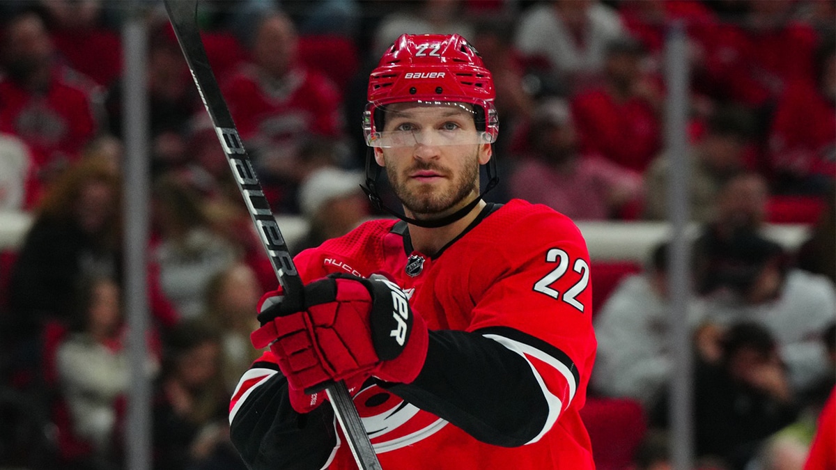 Carolina Hurricanes defenseman Brett Pesce (22) looks on against the Detroit Red Wings during the second period at PNC Arena.
