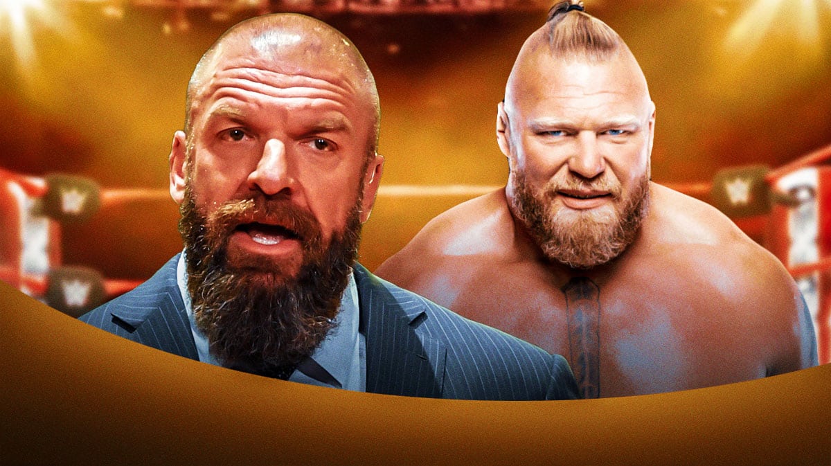 WWE chief content officer and head of creative Triple H with Brock Lesnar and wrestling ring behind them.