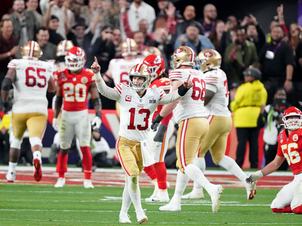 San Francisco 49ers quarterback Brock Purdy (13) reacts after a touchdown against the Kansas City Chiefs during the second quarter of Super Bowl LVIII at Allegiant Stadium. 