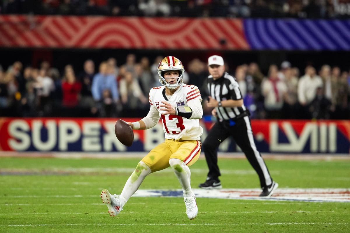  San Francisco 49ers quarterback Brock Purdy (13) against the Kansas City Chiefs in Super Bowl LVIII at Allegiant Stadium.
