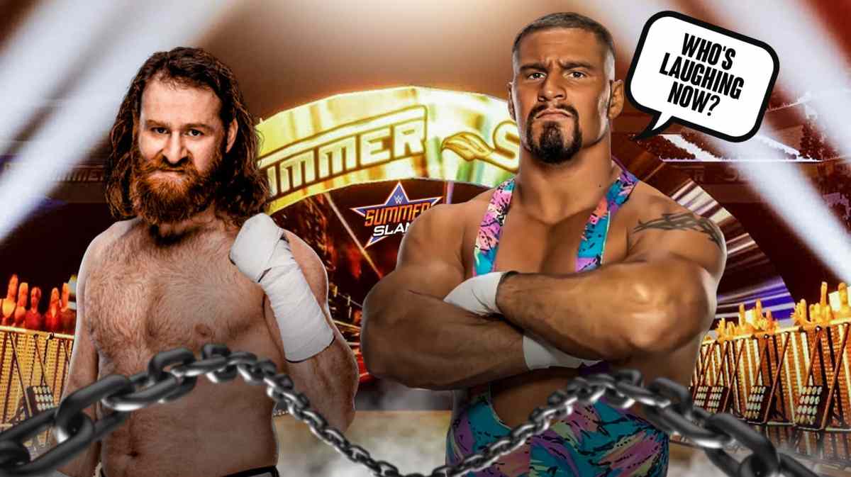 Bron Breakker with a text bubble reading "Who's laughing now?" next to Sami Zayn with the SummerSlam logo as the background.