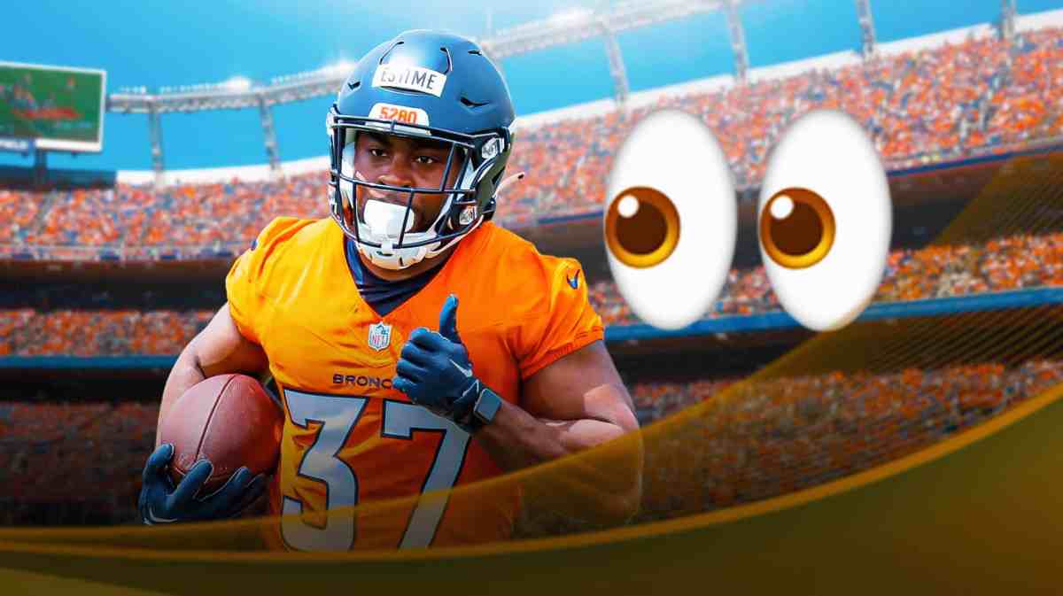Audric Estime in a Broncos uniform with an eye emoji next to him
