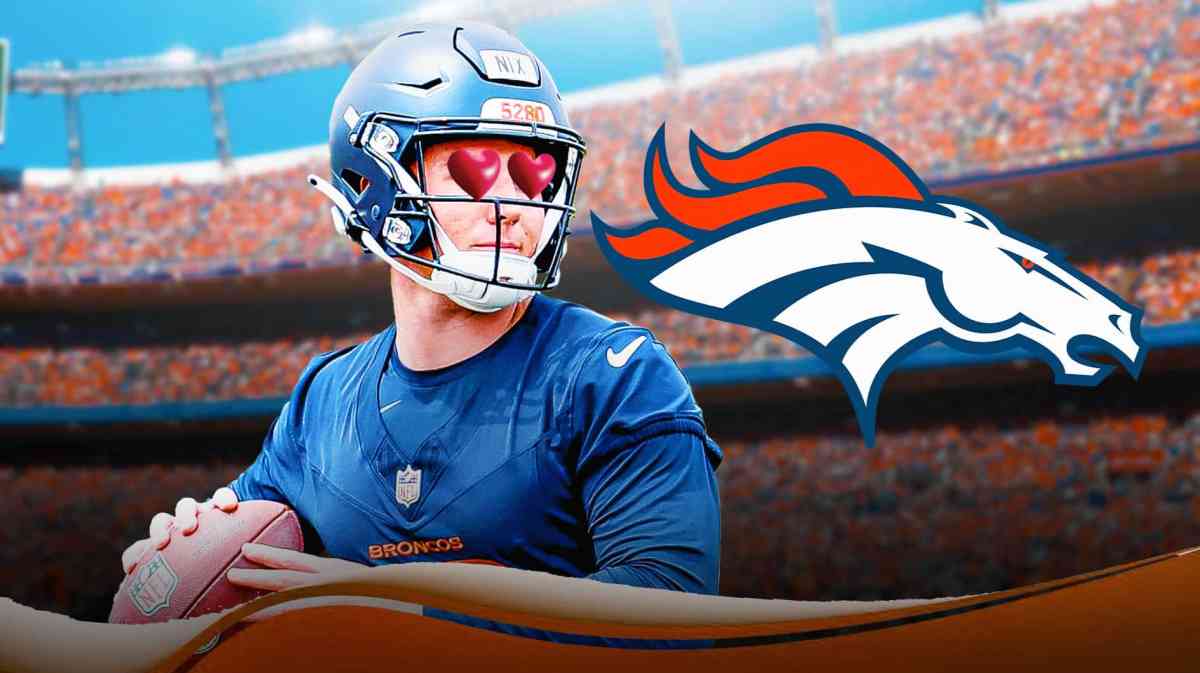 Nix (in a Broncos uniform) with heart eyes looking at the Denver Broncos logo