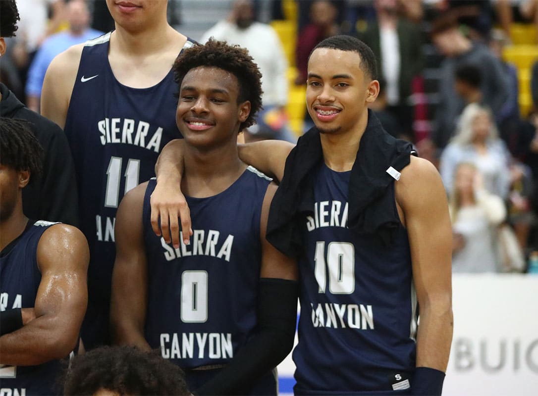 Sierra Canyon School guard LeBron James Jr (0) and guard Amari Bailey (10) against Millennium High School during the 2019 Hoophall West basketball tournament at Chaparral High School.