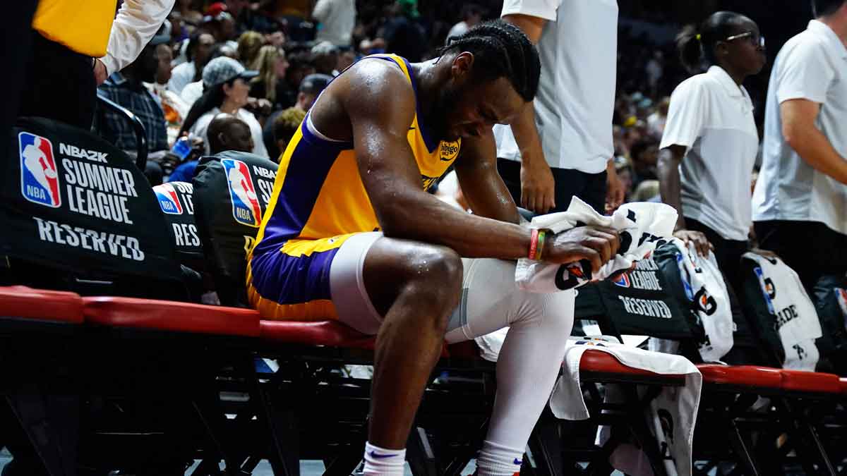 Los Angeles Lakers guard Bronny James (9) sits on the bench during the second half against the Houston Rockets at Thomas & Mack Center. 