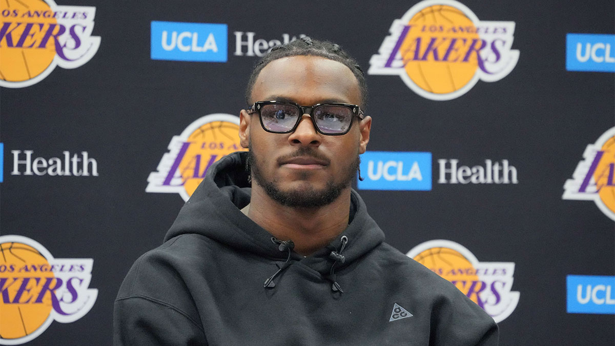 Los Angeles Lakers second round draft pick Bronny James at a press conference at the UCLA Health Training Center. 