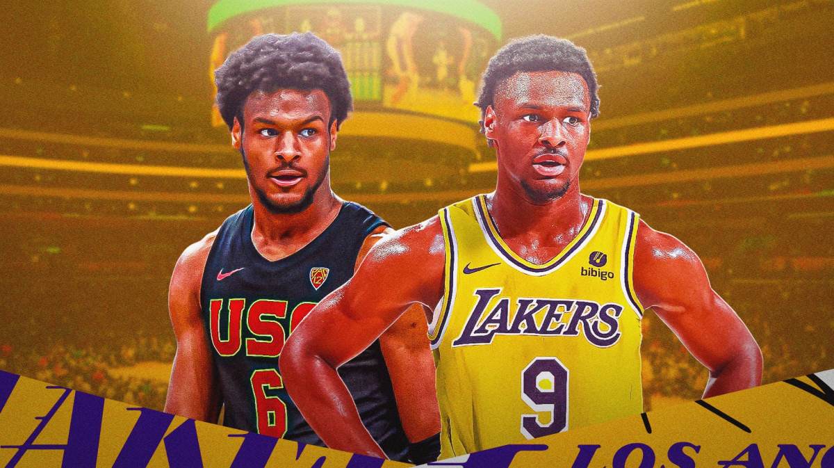 A double image of Bronny James, one of him in his old USC Trojans jersey and the other in his new Lakers jersey with the Lakers arena in the background, contract
