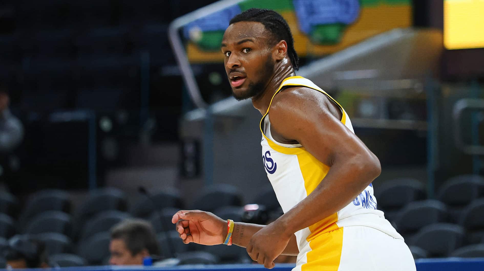 Los Angeles Lakers guard Bronny James Jr. (9) looks over his shoulder as he returns to defense against the Miami Heat during the fourth quarter at Chase Center. 