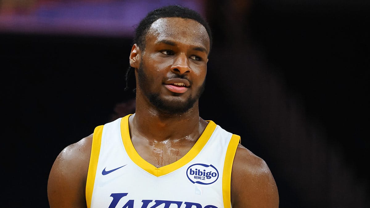 Los Angeles Lakers guard Bronny James Jr. (9) between plays against the Miami Heat during the fourth quarter at Chase Center.