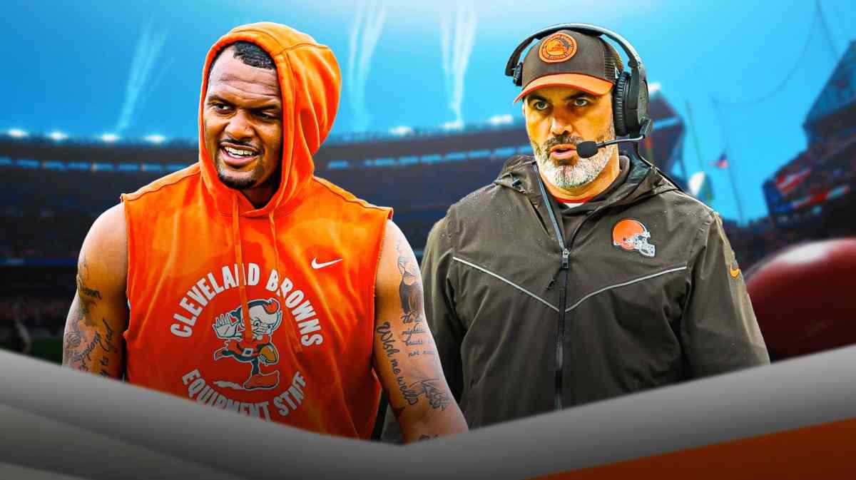 DeShaun Watson next to Kevin Stefanski in front of Cleveland Browns stadium.