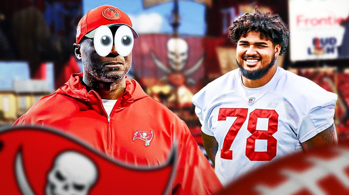 Todd Bowles on one side with the big eyes emoji over his face, Tristan Wirfs on the other side