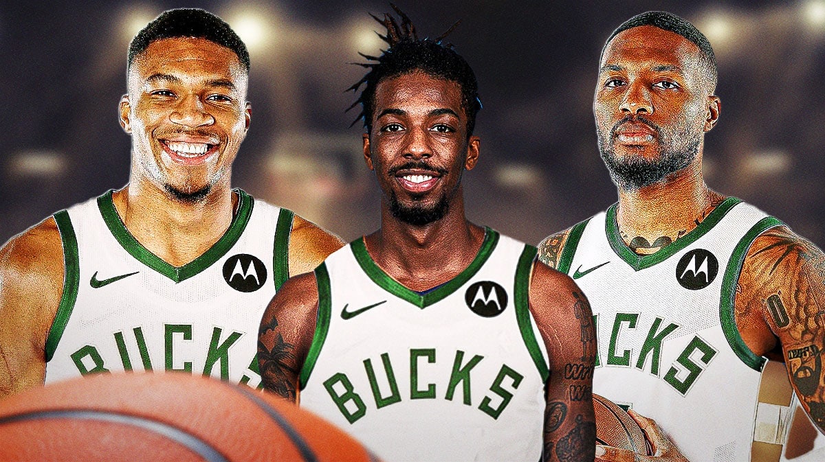 Bucks' Delon Wright next to Damian Lillard and Giannis Antetokounmpo