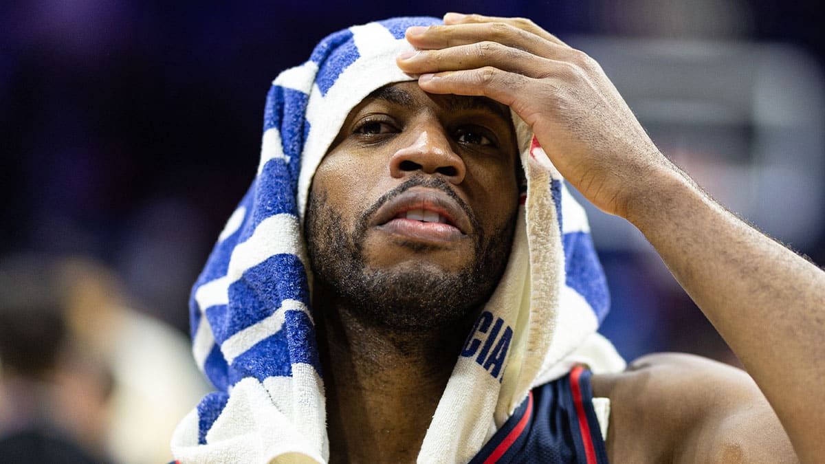 Philadelphia 76ers guard Buddy Hield (17) looks on after a victory against the Detroit Pistons at Wells Fargo Center.
