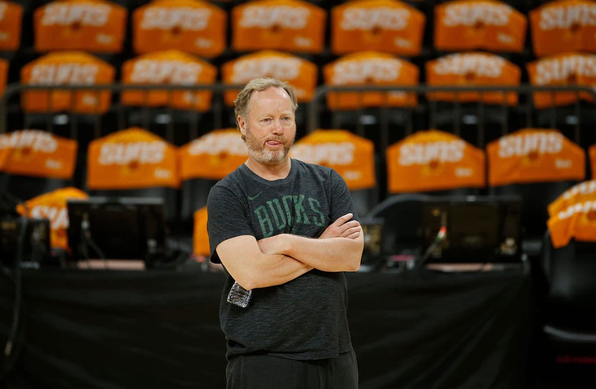 Bucks head coach Mike Budenholzer watches his team during practice at the Footprint Center in Phoenix on July 16, 2021.
