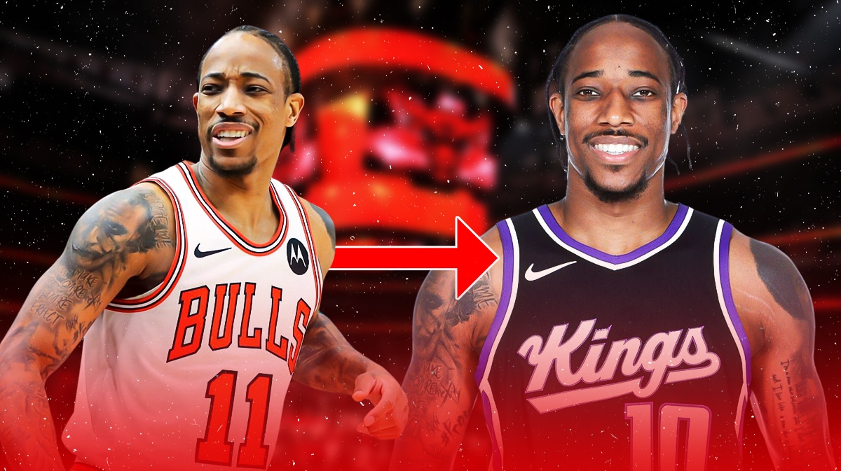 DeMar DeRozan in a Bulls jersey with an arrow pointing to DeMar DeRozan in a Kings jersey with a baskteball court in the background