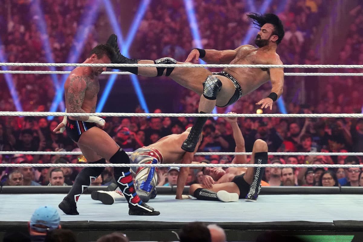 Drew McIntyre hitting a Claymore kick on CM Punk at the WWE Royal Rumble in 2024.