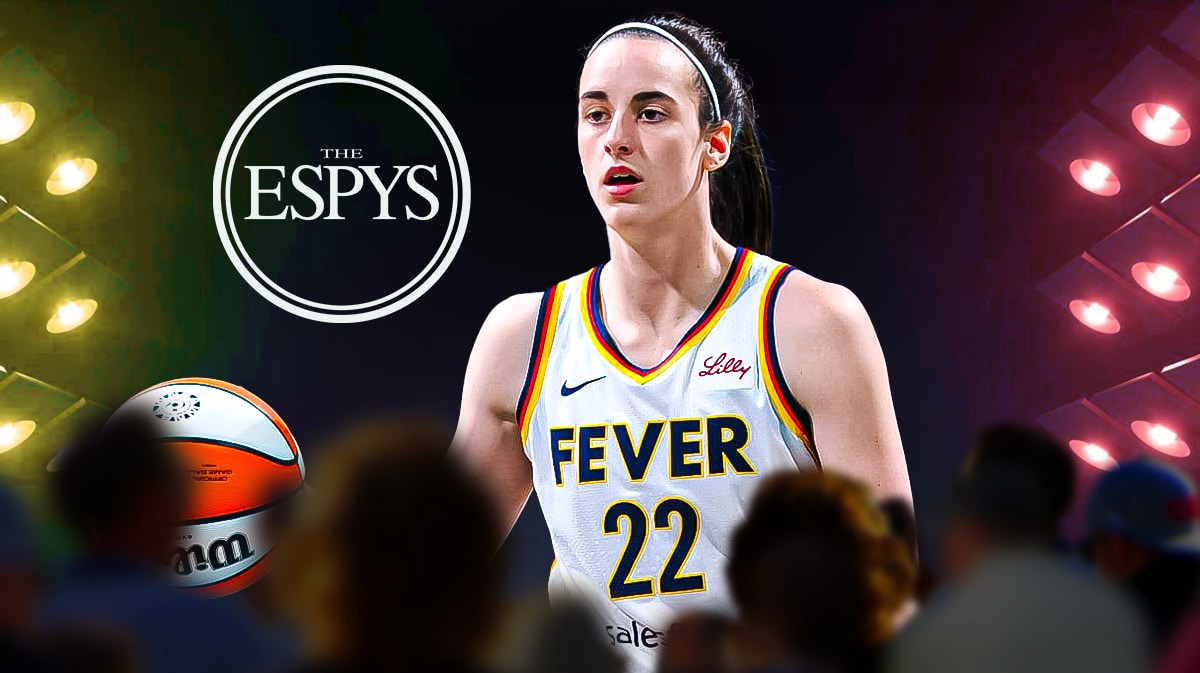 Fever's Caitlin Clark stands next to 2024 ESPYS logo