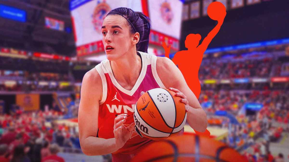 Caitlin Clark with the WNBA logo and the Indiana Fever arena in the background