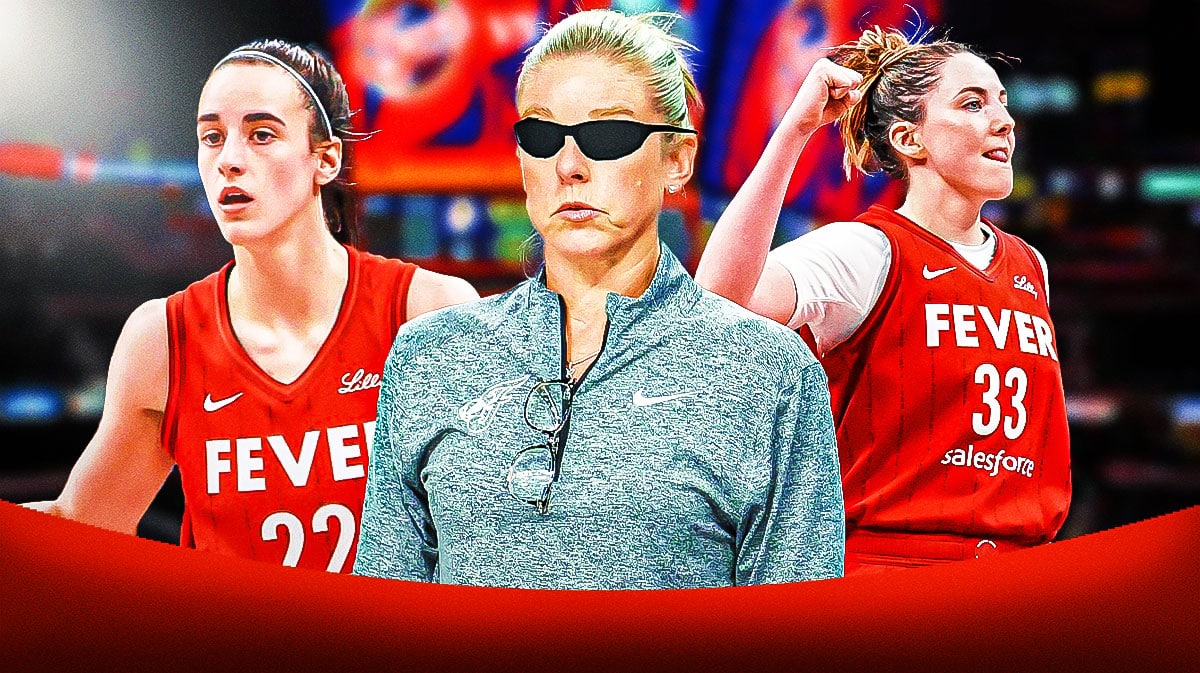 Indiana Fever guard Caitlin Clark with Fever forward Katie Lou Samuelson and Fever head coach Christie Sides. Clark is wearing sunglasses and has a speech bubble with the three dots emoji. There is also a logo for the Indiana Fever.