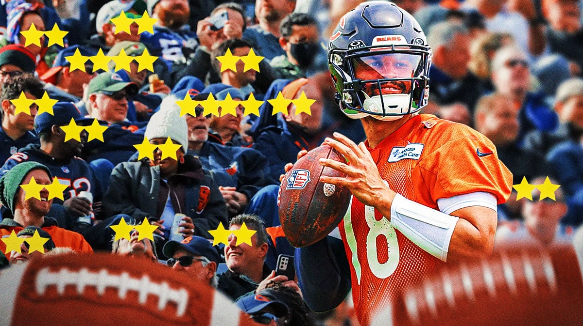 Caleb Williams on one side, a bunch of Chicago Bears fans on the other side with stars in their eyes