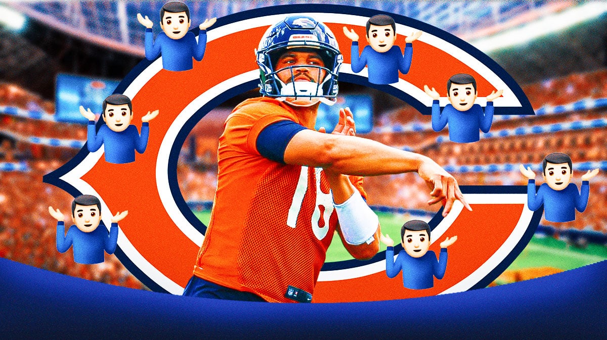 Chicago Bears QB Caleb Williams surrounded by shrugging emojis. There is also a logo for the Chicago Bears.