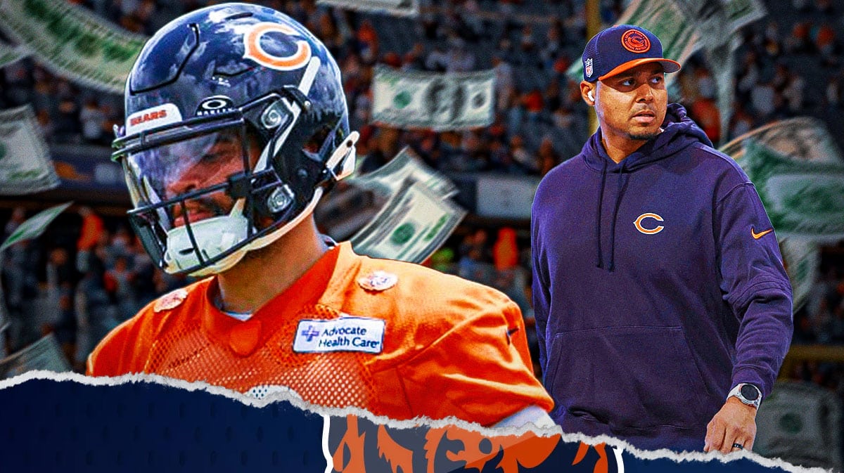 Bears QB Caleb Williams, Ryan Poles, and money flying around.