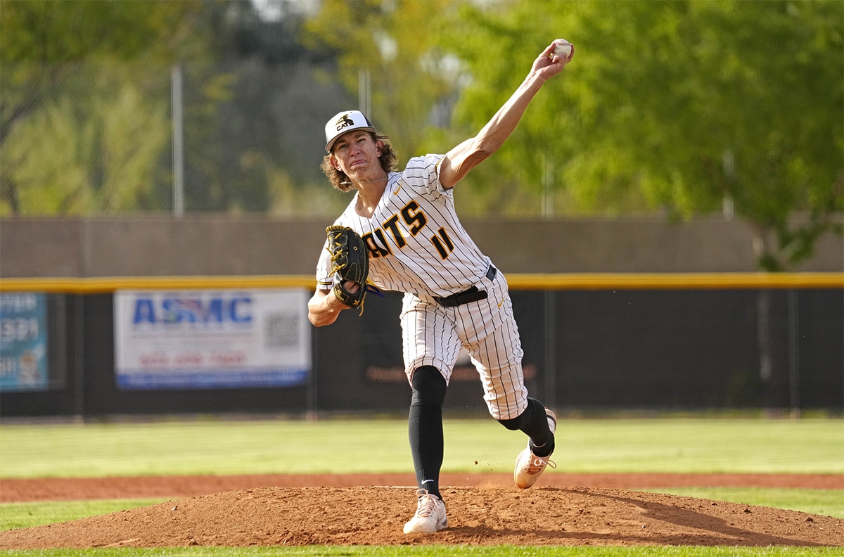 Saguaro pitcher Cam Caminiti pitches against Deer Valley during a baseball game at Saguaro High School in Scottsdale on March 6, 2024.