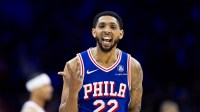 Philadelphia 76ers guard Cameron Payne (22) reacts to his three pointer against the New York Knicks during the second quarter of game three of the first round for the 2024 NBA playoffs at Wells Fargo Center.