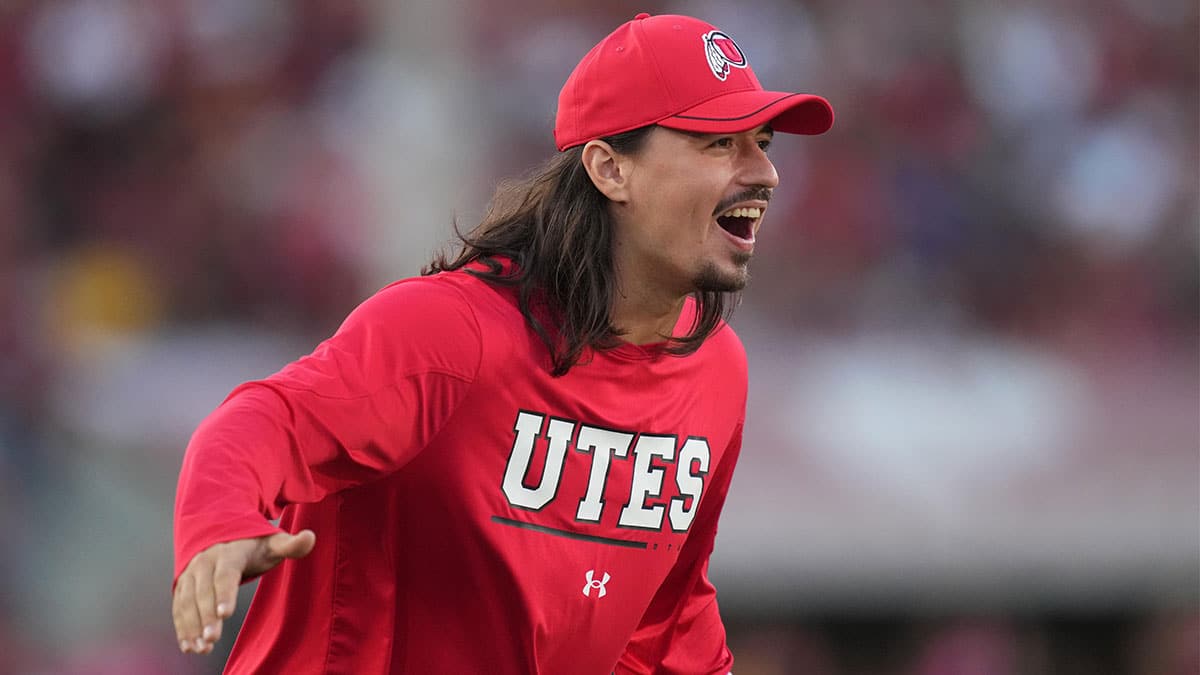 Utah Utes quarterback Cam Rising reacts against the Southern California Trojans at United Airlines Field at Los Angeles Memorial Coliseum.