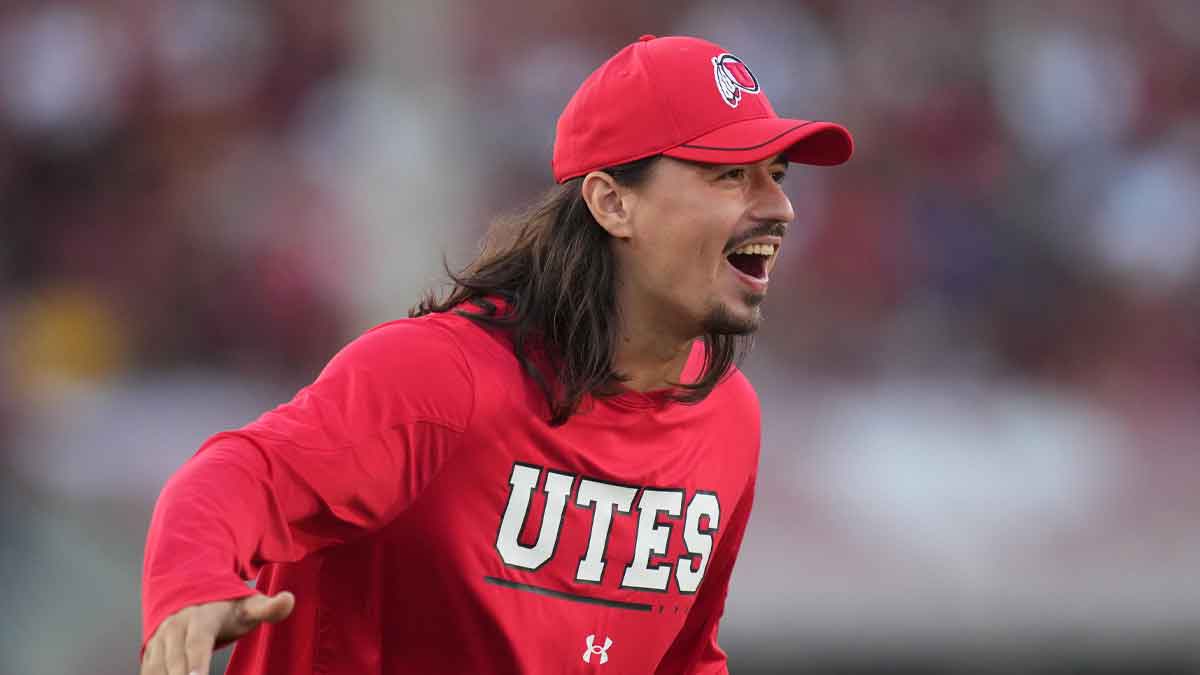 Utah Utes quarterback Cam Rising reacts against the Southern California Trojans at United Airlines Field at Los Angeles Memorial Coliseum.