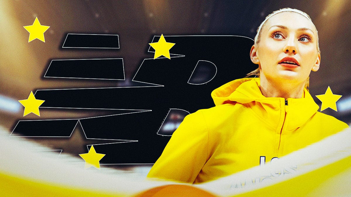 WNBA Los Angeles Sparks player Cameron Brink, with stars all around here and the New Balance logo behind her