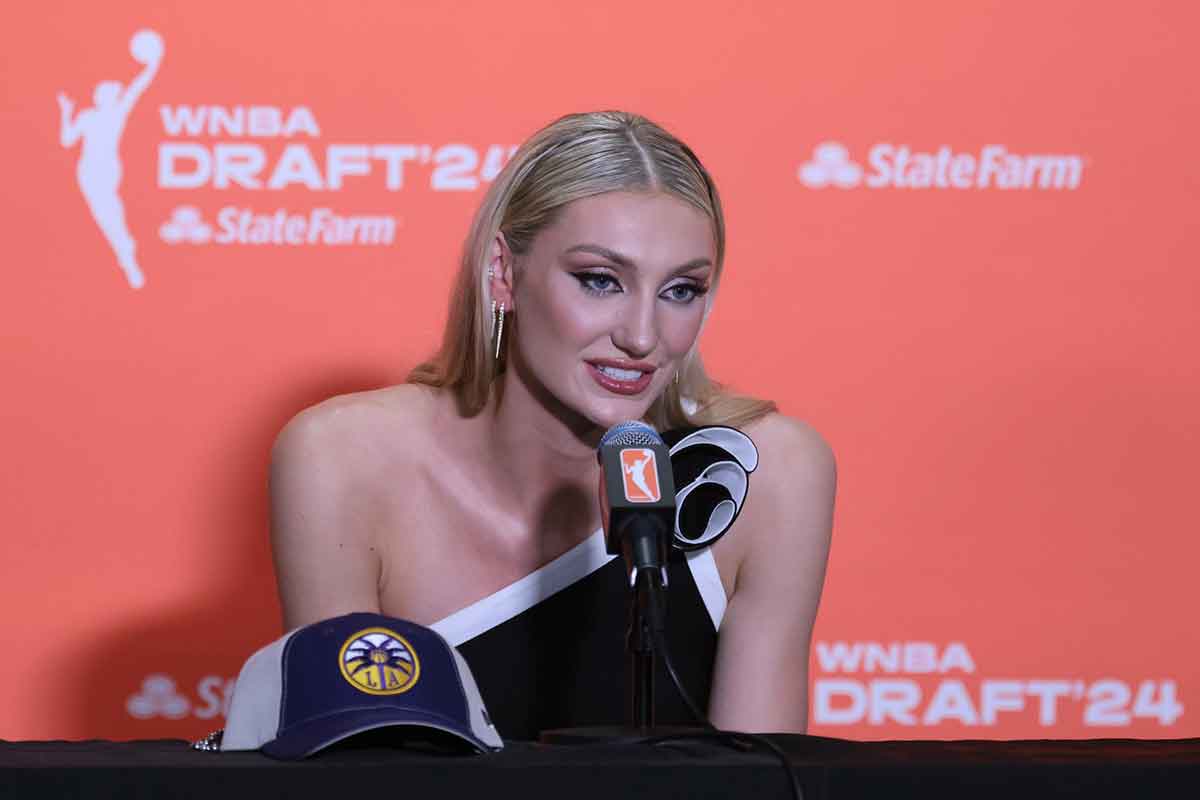 Cameron Brink speaks in a press conference after she is selected with the number two overall pick to the Los Angeles Sparks n the 2024 WNBA Draft at Brooklyn Academy of Music. 