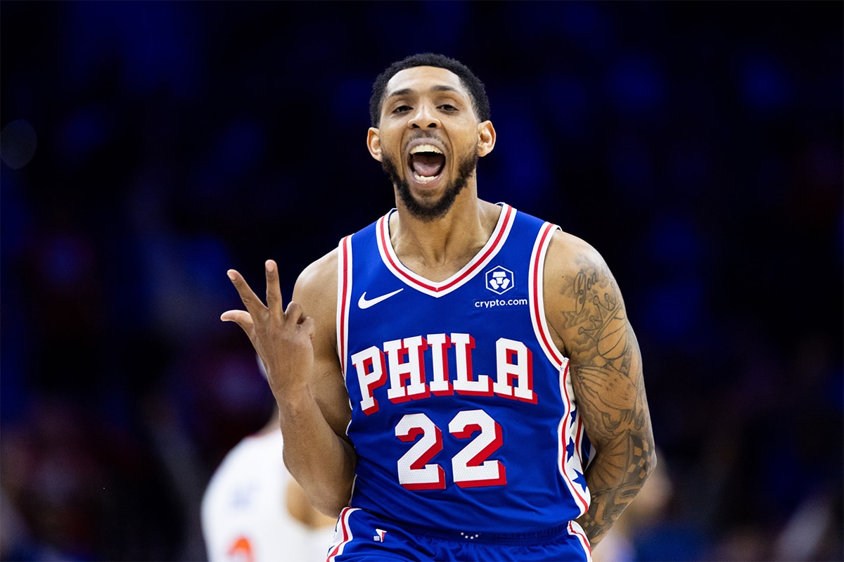 Philadelphia 76ers guard Cameron Payne (22) reacts to his three pointer against the New York Knicks during the second quarter of game three of the first round for the 2024 NBA playoffs at Wells Fargo Center. 