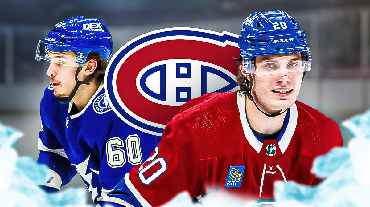 Juraj Slafkovsky and Alex Barre-Boulet on either side looking happy, Montreal Canadiens logo in middle, hockey rink in background