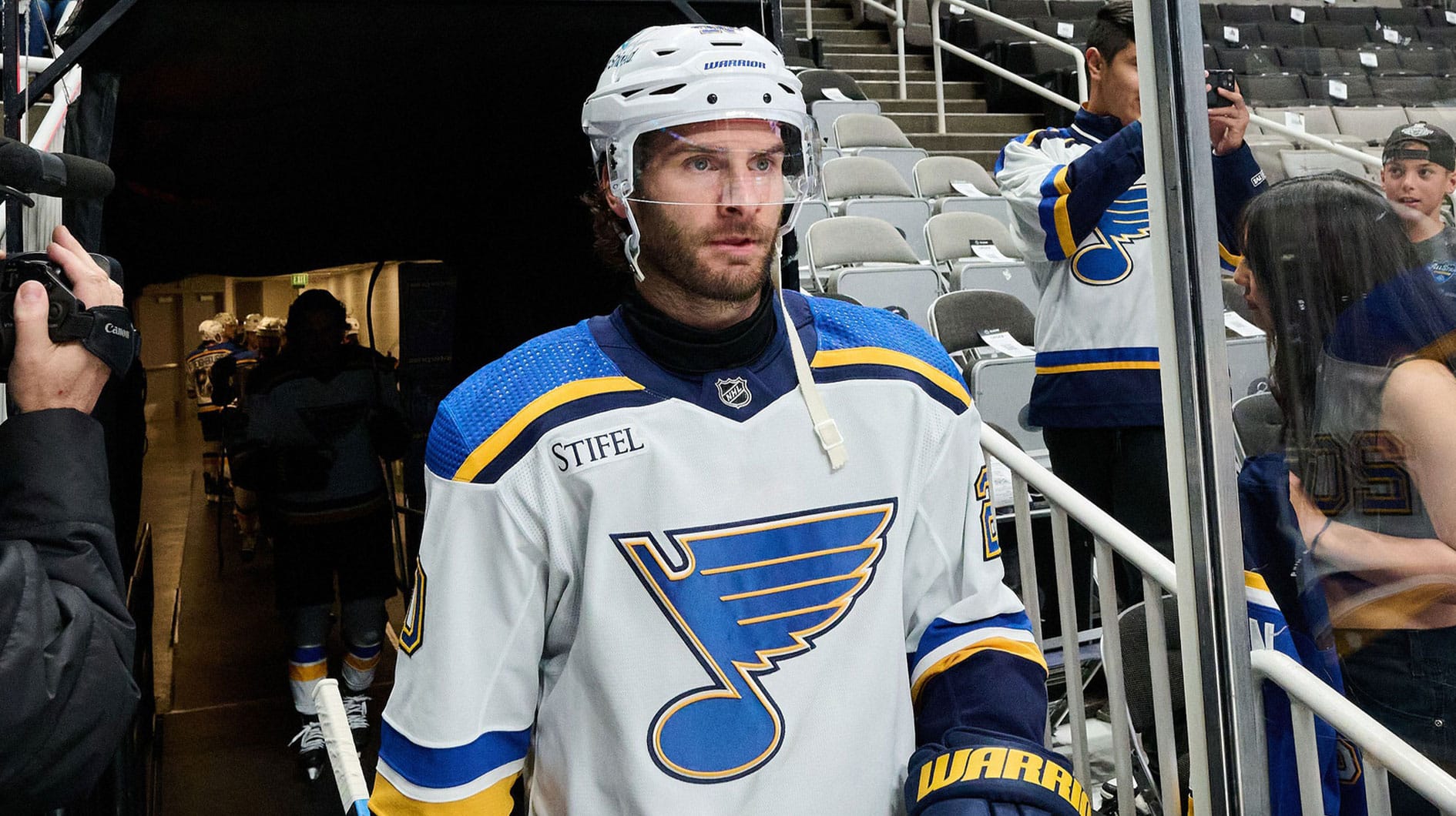 St. Louis Blues left wing Brandon Saad (20) walks to the ice for warmups before the game between the San Jose Sharks and the St. Louis Blues at SAP Center at San Jose.